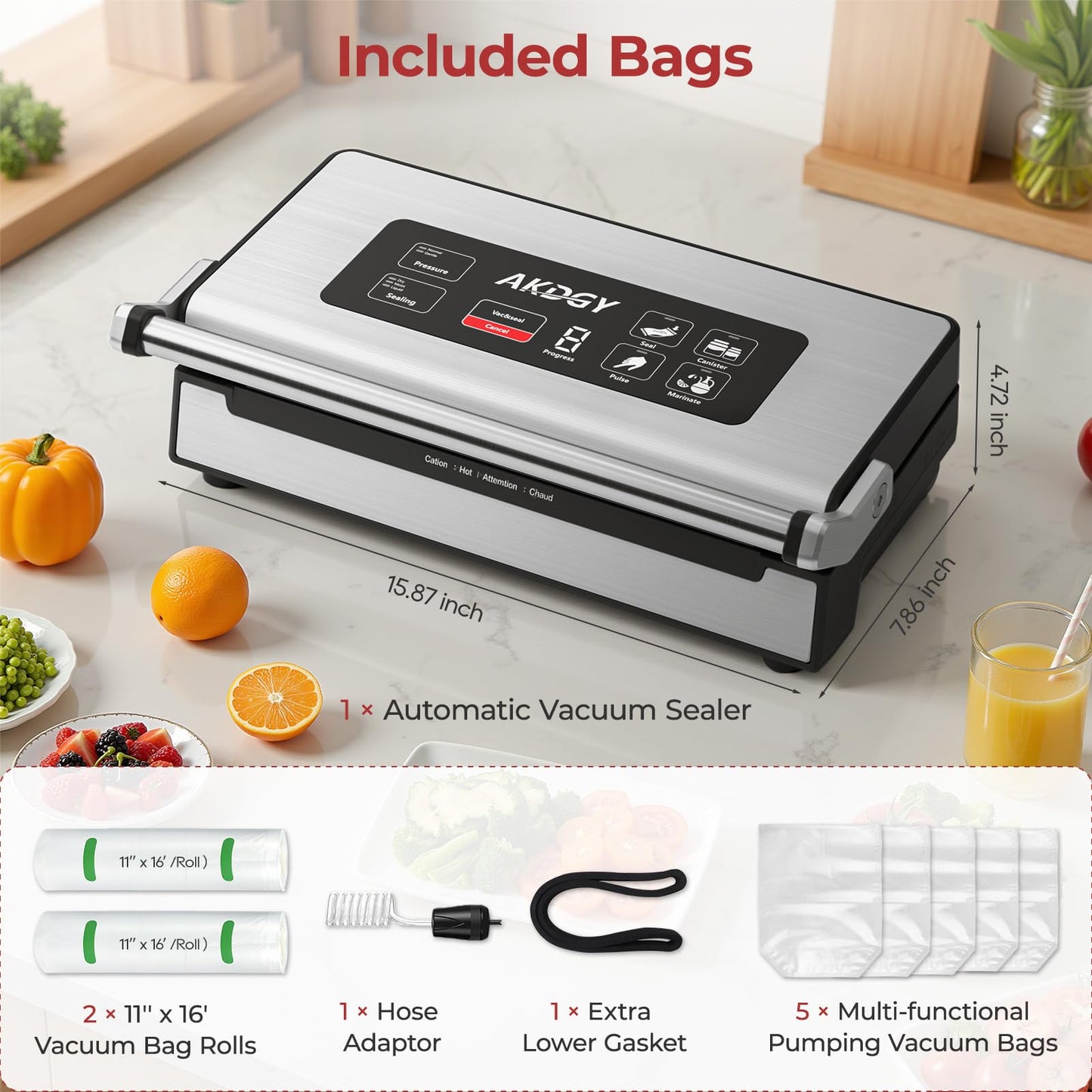 95Kpa Vacuum Sealer Machine，Upgraded Commercial Food Vacuum Sealer, 14-in-1 Functions & Double Heat Seal, Stainless Steel, Large Icons,130W Dual Pumps(25L/Min Suction), Widened Easy-Lock Handle