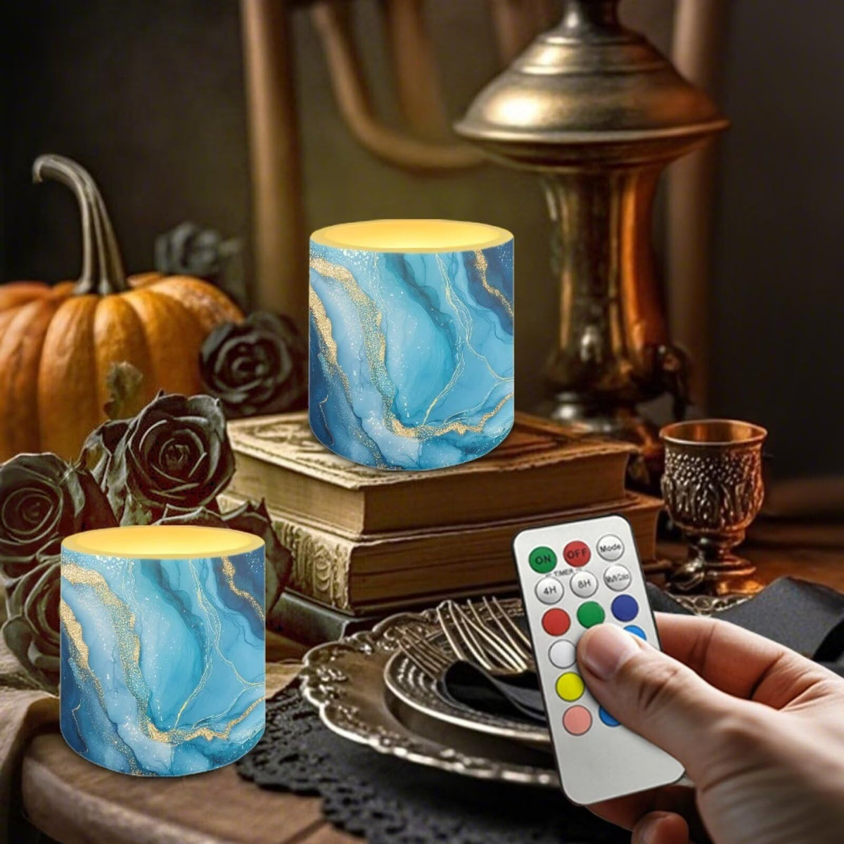 Cozeyat Blue Marble LED Candles Set of 4 Battery Powered Flameless with Remote Timer Waterproof Flickering Pillar Candles for Home Patio Garden