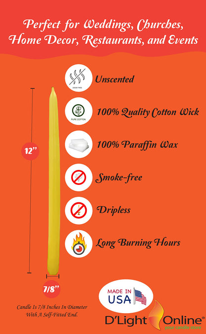 D'light Online Elegant Unscented 12" Yellow Taper Candles Premium Quality Hand-Dipped Tapered Candles, Dripless and Smokeless - Set of 12 Individually Wrapped (12 Inch, Yellow)