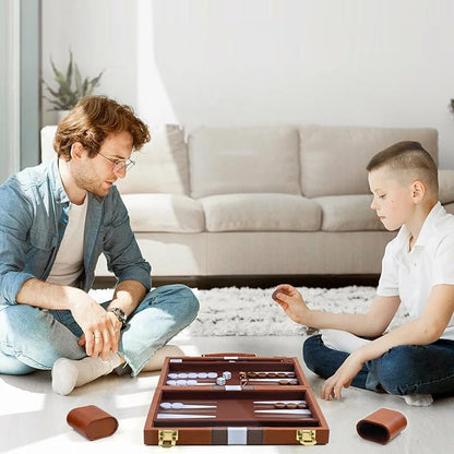 Backgammon Set 2 Players Classic Backgammon Sets for Adults Board Game with PU Leather Case Portable and Travel Backgammon Set (Brown 15inch)