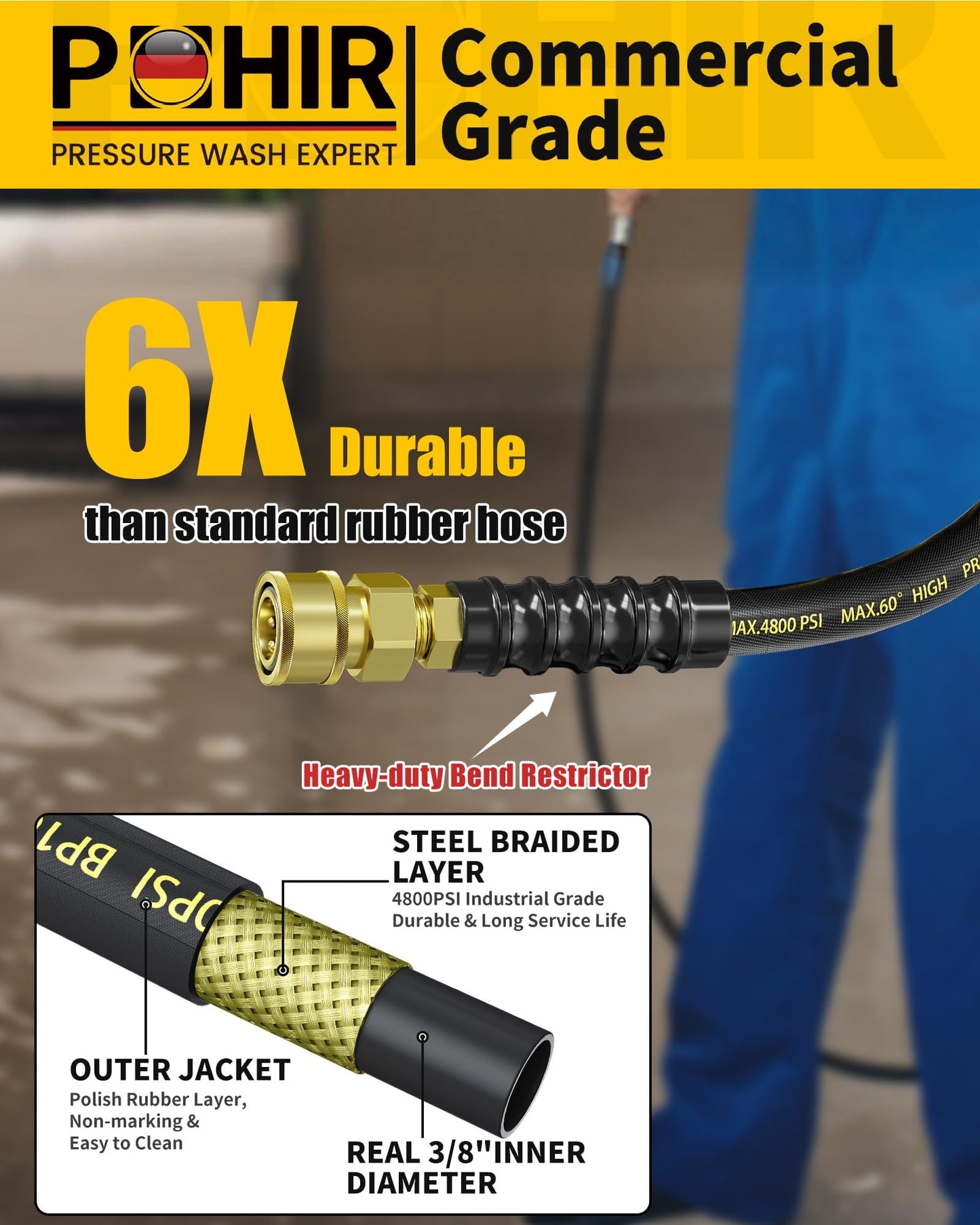 POHIR 3/8" Pressure Washer Hose 100ft 4800PSI, Power Washer Hose Steel Wire Braided with Swivel Quick Connect, Commercial Grade Industrial High Pressure Water Washing Hose (4800PSI, 100FT)