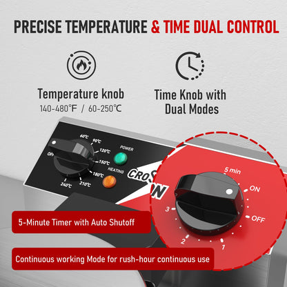 CROSSON Commercial Waffle Maker,Professional Round Belgian Waffle Maker Rotating 180° Non-Stick Plate Machine with Temp and Time Control for Restaurant Bakeries Kitchen 120V/1300W