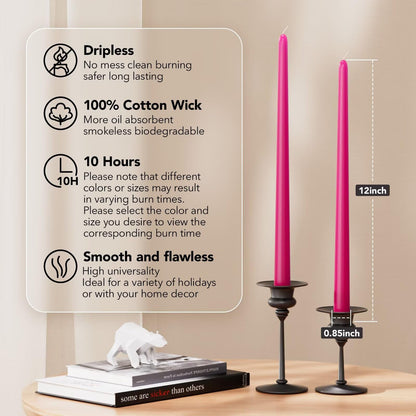 Pickood 12-Inch Tall Dripless Taper Candles Set of 4 - Hot Pink Tapered Candles, Perfect for Spring - Smokeless, Unscented, Long Burning - Hand Poured, Colored Tall Candlesticks - neon Pink