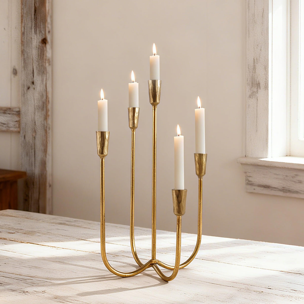 Cast Iron Candelabra 5-Taper Candle Holders, Golden Metal Candlestick Holders Tabletop Candles Stand, Decorative Table Centerpieces Mantel Decor, Antique Brass