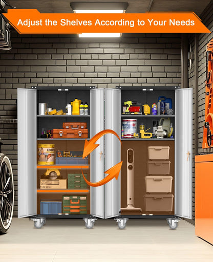 GarveeHome 72" Garage Storage Cabinet with 4 Adjustable Shelves, Heavy Duty Metal Organizer, Lockable Rolling Storage, Wheels, for Garage Home Office, Warehouse, Pantry, Kitchen, Basement, Gray