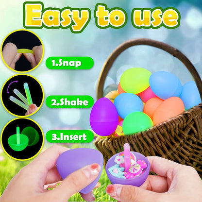 MGparty Glow in The Dark Easter Egg Hunt Set - 36 Fillable Plastic Eggs with 72 Mini Glow Sticks for Kids - Easter Basket Stuffers, Party Favors, Classroom Prizes, and Game Supplies