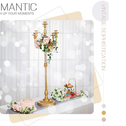 2 Pcs Gold Wedding Floor Candelabra 50 Inch Antique Led Candle Stand Metal 5 Arm Candelabra Centerpiece Decoration for 5 Candlesticks Bridal Shower Christmas Aisle Event Birthday Party Ceremony Home