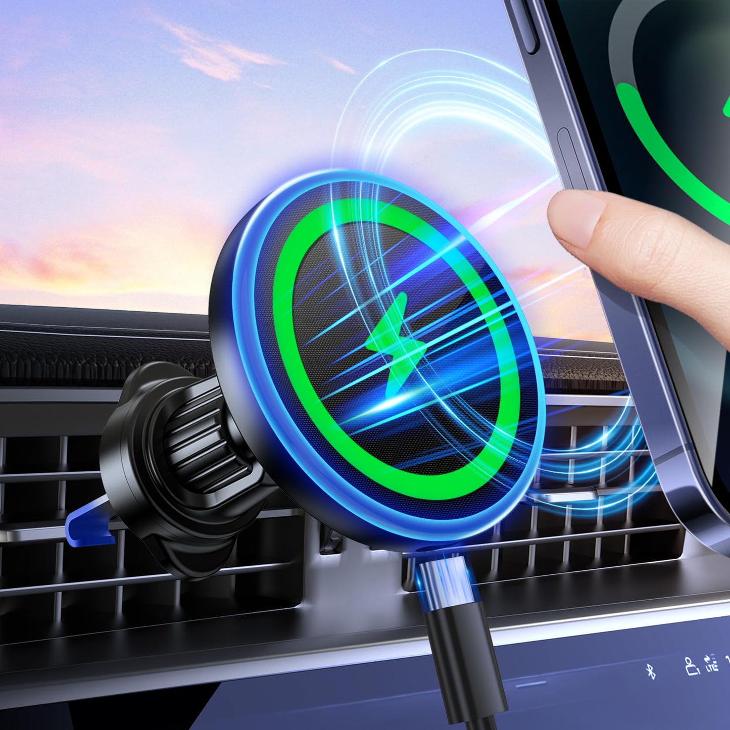 MagSafe Car Mount Charger, 3 in 1 [LED RGB HandsFree] Wireless Car Charger, Magnetic Phone Holders for Your Car- Fast Charging Car MagSafe Charger for iPhone 16/15/14/13/12 Series, Gift for Men Women