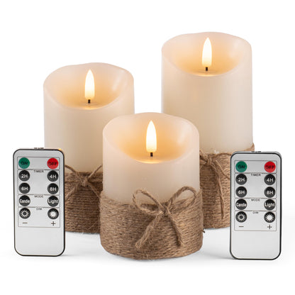 AKU TONPA Flameless Candles Battery Operated Pillar Real Wax Electric LED Candle Gift Set with Remote Control and Timer, 4" 5" 6" Pack of 3, Ivory Wax with Hemp Rope
