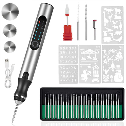 HOTROSE Electric Engraving Pen with 37 Bits, USB Rechargeable Cordless Engraving Machine, Portable DIY Rotary Engraver for Jewelry Wood Glass Stone Carving (Silver)
