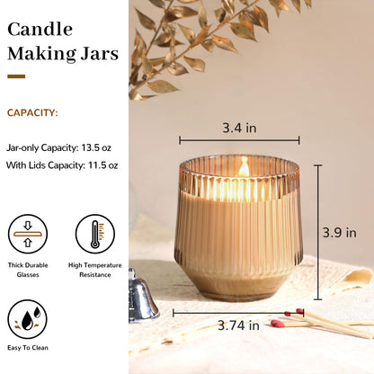 Simeitol 13 OZ Candle Making Kit - 6 Pack Amber Ribbed Glass Jars With Bamboo Lids and Wick Kit for Containers