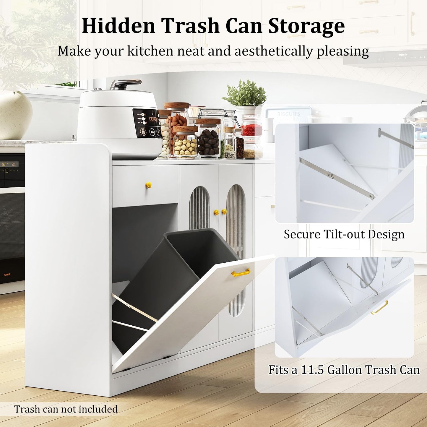 Giantex 55" Farmhouse Buffet Cabinet, Large Credenza w/Hidden Tilt Out Trash Can, 2 Glass Doors, 2 Drawers & Adjustable Shelves, Modern Sideboard Coffee Bar Cabinet for Kitchen, Dining Room (White)