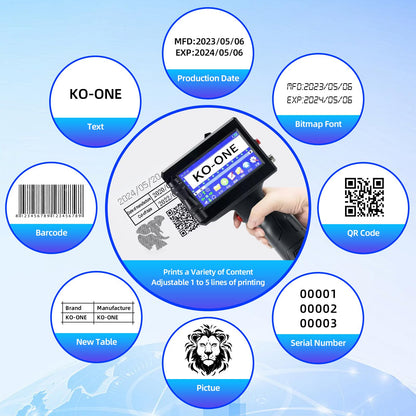 KOONE Handheld Inkjet Printer, 0.5 Inch Nozzle, Portable Inkjet Printer Gun for Text QRCode Barcode Production Date Time Logo Batch Number Print on Metal Wood Glass Cloth Carton Plastic (Black)