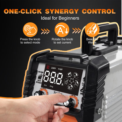 Scoley 5-in-1 MIG Welder 110V/220V, 180A Aluminum Welder/Gas MIG/Flux Core Welder/Lift TIG/Stick Welding Machine with IGBT Inverter Synergic Control, Large Digital Display, Welding Gloves & Mask