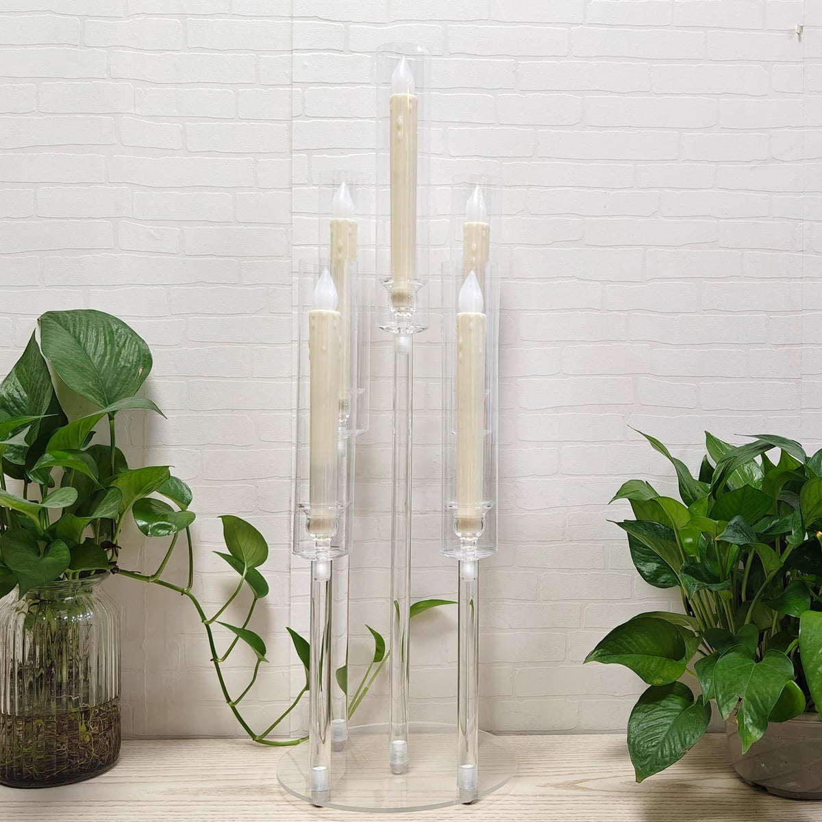 2Pcs 26.8'' Acrylic Candelabra Centerpieces for Wedding Table Decorations,Clear 5 Arms Candlesticks Holder with Acrylic Shade for Candlelight Dinner Party Fireplace Gift with LED Candle