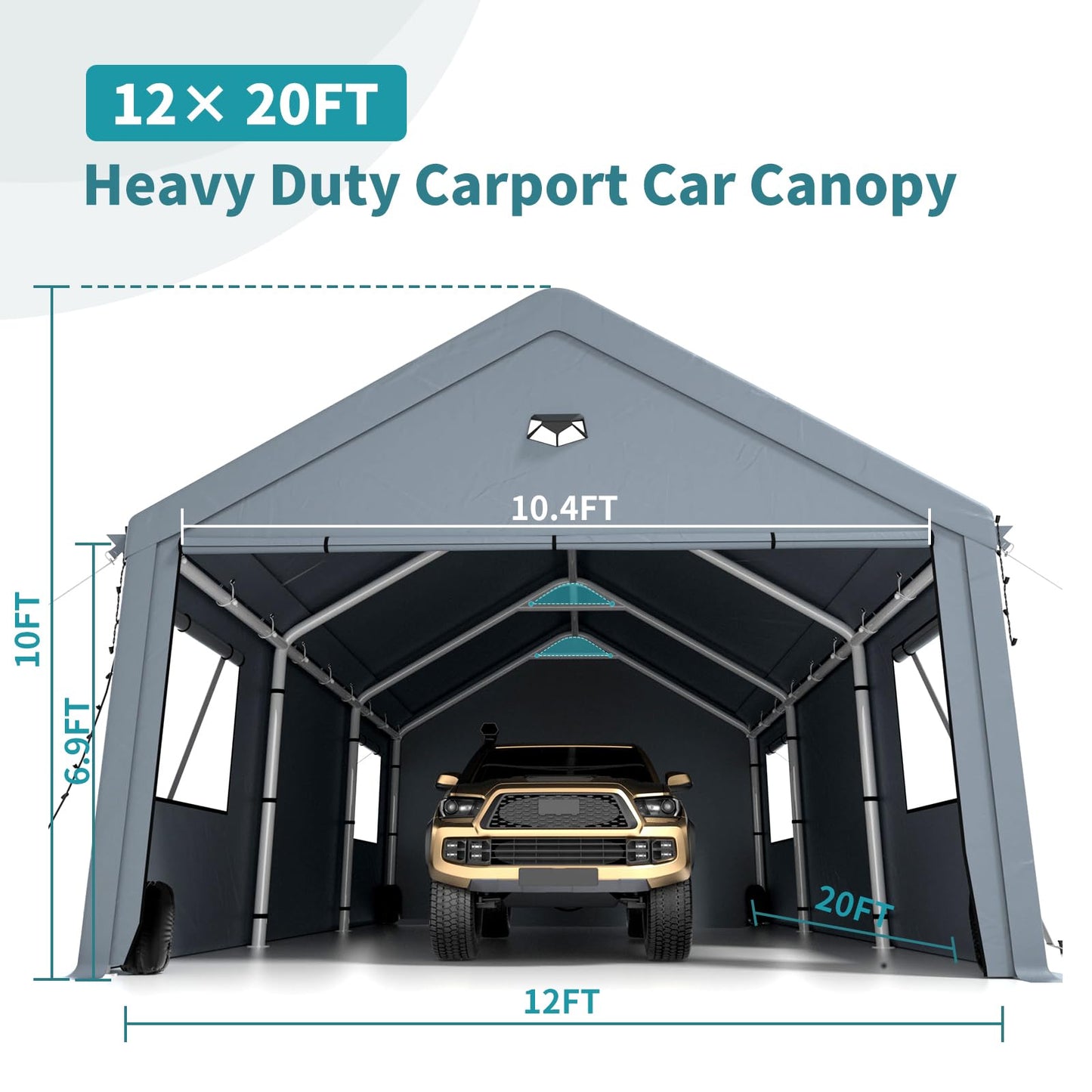 12x20FT Heavy Duty Carport Canopy,Extra Large Portable Car Tent Garage with Roll-up Windows and All-Season Tarp Cover,Removable Roof&Side Wall for Car,SUV,Boats
