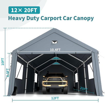 12x20FT Heavy Duty Carport Canopy,Extra Large Portable Car Tent Garage with Roll-up Windows and All-Season Tarp Cover,Removable Roof&Side Wall for Car,SUV,Boats