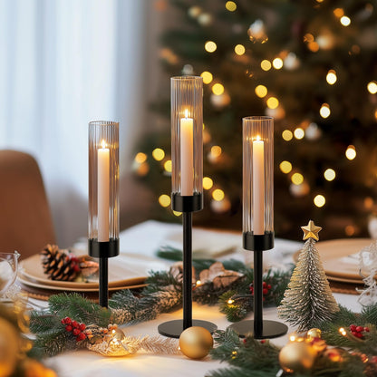 Black Hurricane Candle Holders, Set of 6 Glass Taper Candlestick Holders Metal Candle Stands Bulk with Ribbed Glass Cover for Dining Tables Wedding Candelabra Centerpieces Decor