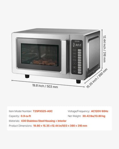 VEVOR Commercial Microwave Oven, 0.9 Cu Ft, 1000W Digital Stainless Steel Countertop Microwave Oven with Touchscreen, 10 Cooking Presets, 5 Power Levels, Multi-Lock Door & Easy Clean for Restaurants