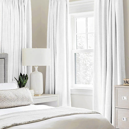 MIULEE 100% Blackout Linen Textured Curtains - Solid Thermal Insulated Bright White | 52 x 108 Inch (2 Panels) for Luxury Bedroom Decor