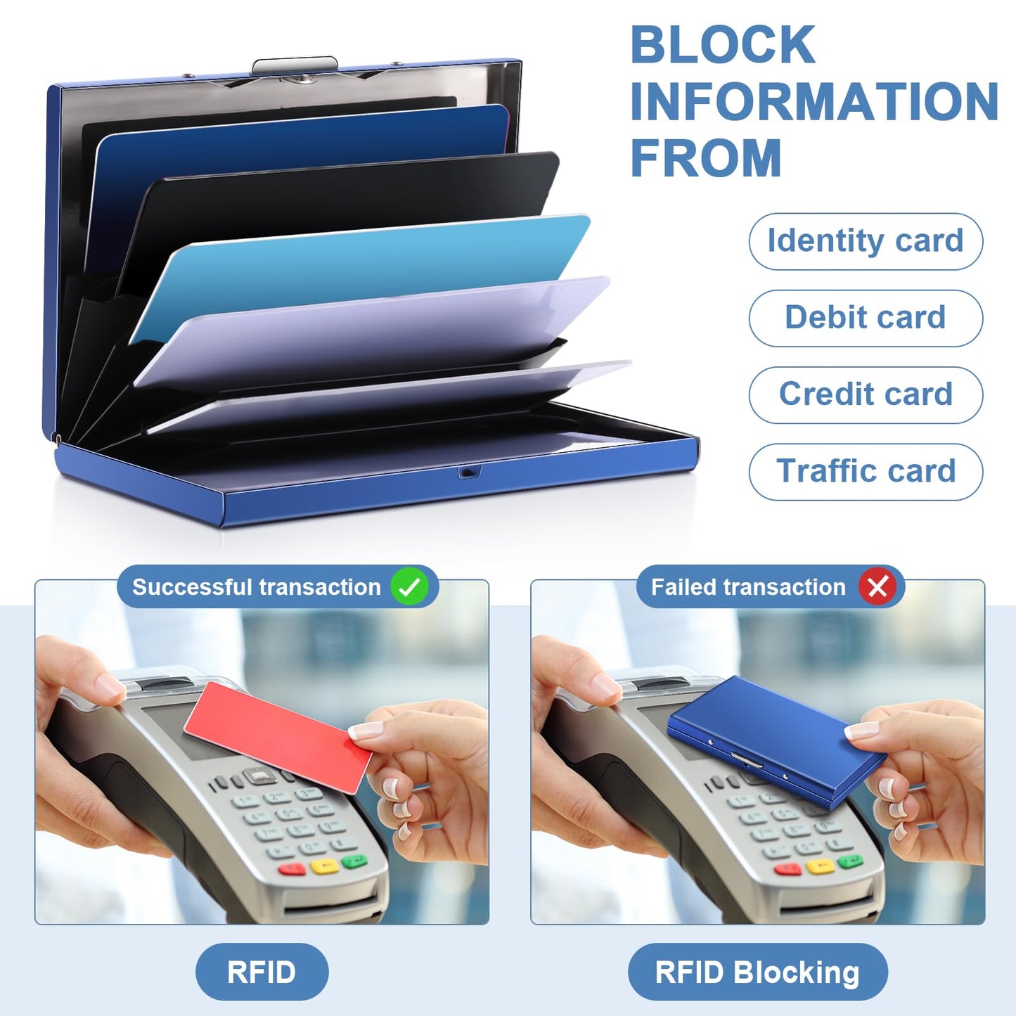Thenshop 3 Pcs Stainless Steel Credit Card Holder Metal RFID Blocking Case Protector Metal ID Card Wallet with 6 Slot for Men Women Gift Box(Silver, Black, Blue)