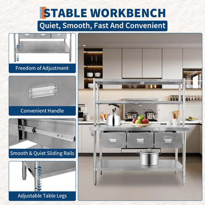 Stainless Steel Table with Overshelves & Drawers, 60" X 24" Commercial Work Tables with 60" X 30" Shelf & 3 Drawers, Metal Kitchen Prep Table with Paper Towel Holder for Home Restaurant Garage