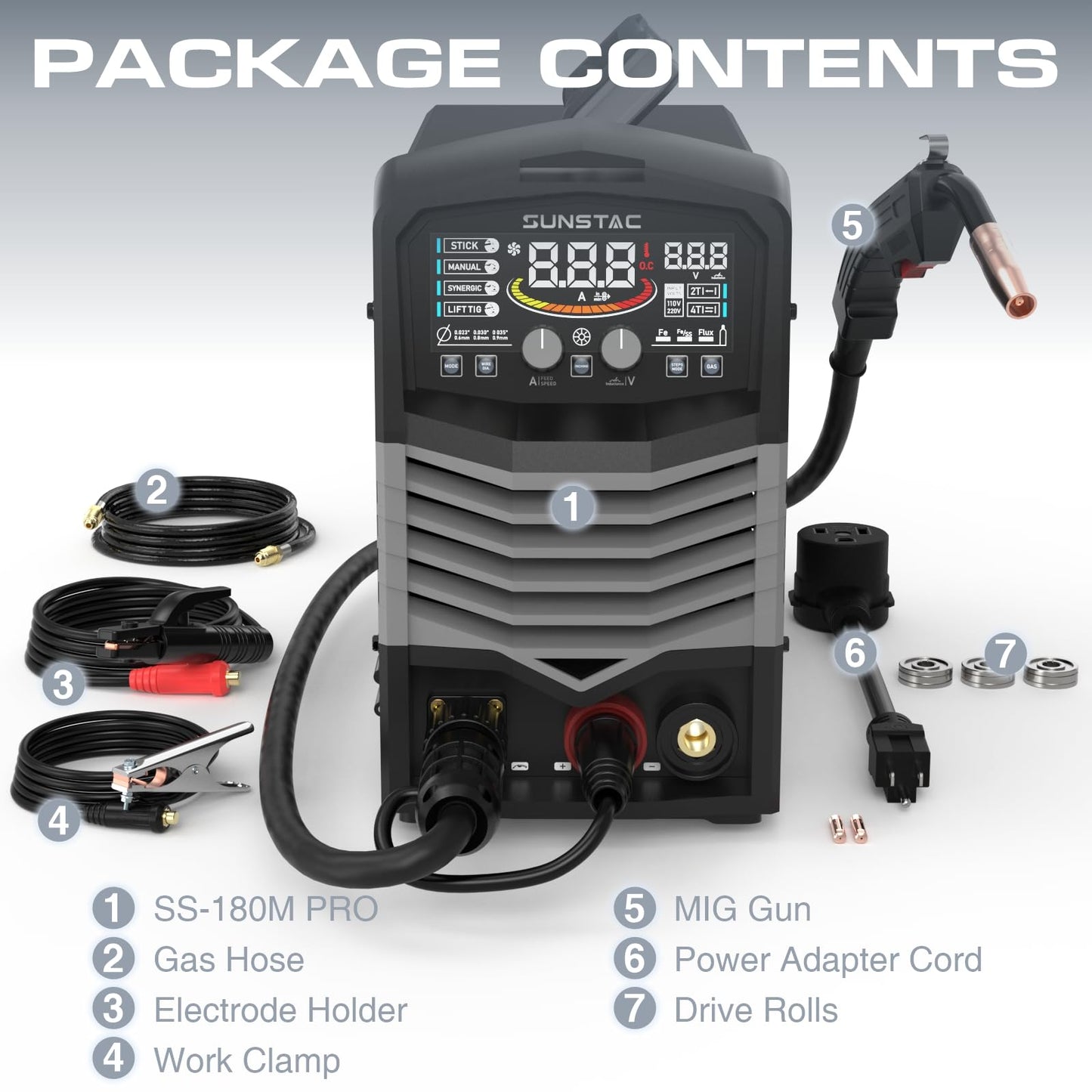 MIG Welder, 180A 110V/220V Gas MIG/Gasless MIG/Lift TIG/Stick 4 in 1 MIG Welding Machine, MIG with IGBT Inverter Synergic Control, Digital Screen Display and Over Loading Protection