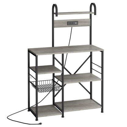 Shintenchi Kitchen Bakers Rack with Power Outlet, Multifunctional Organizer & Storage with 6 Hooks, Microwave Oven Stand, and Coffee Station Shelf, Grey