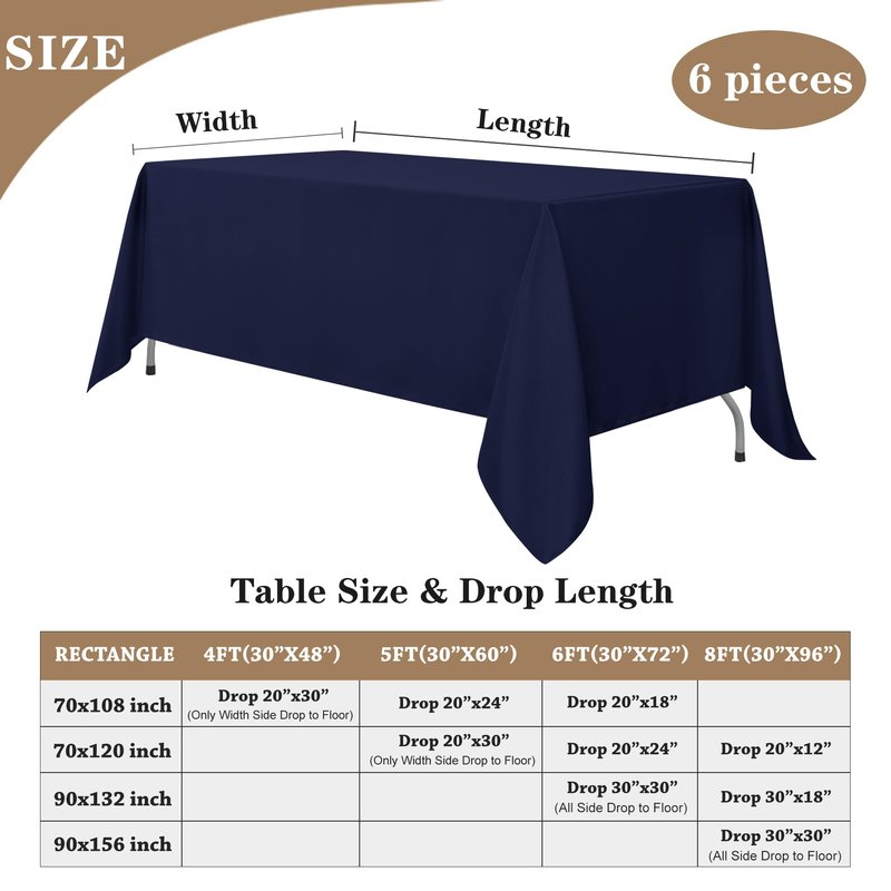 Fitable Navy Rectangle Tablecloths for 6 Foot Tables, 6 Pack - 70 x 108 Inches - Stain Resistant and Washable Table Clothes, Polyester Fabric Table Covers for Wedding, Party, Banquet, Buffect