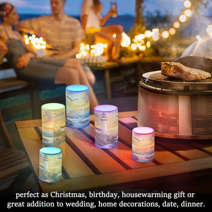 WEVIBOFU Lighthouse Ocean Seagulls Sailboat Flickering Flameless Candles LED Battery Operated with Remote Timer Pillar Candles for Home Birthday Wedding Christmas Decor, Set of 2