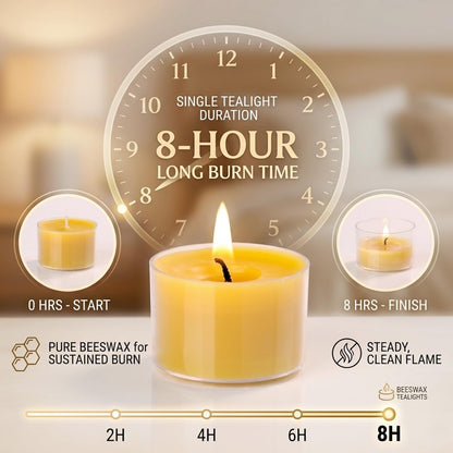 8 Hours Beeswax Tealight Candles-12 Packs - Natural Beeswax Tea Candles in Clear Cup | Smokeless Beeswax Tealights for Home Decor, Fragrance, Relax, Air Purify