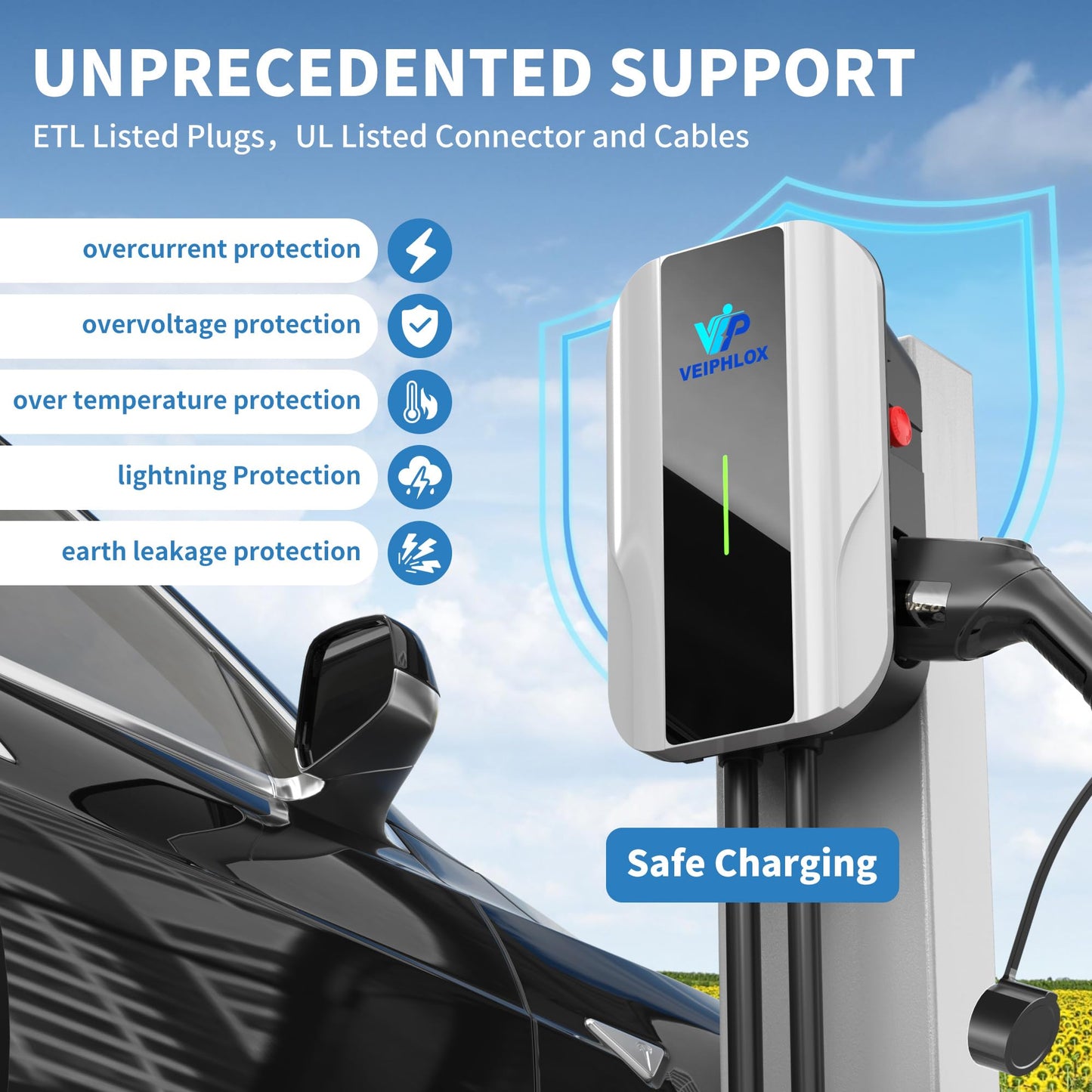 VEIPHLOX Level 2 EV Charger 40A (9.6kW), 240V J1772 Charging Station with NEMA 14-50P Just Plug & Charge (No App Needed). Zero Light Pollution: LED Remains Off in Standby (Auto-On During Charge)