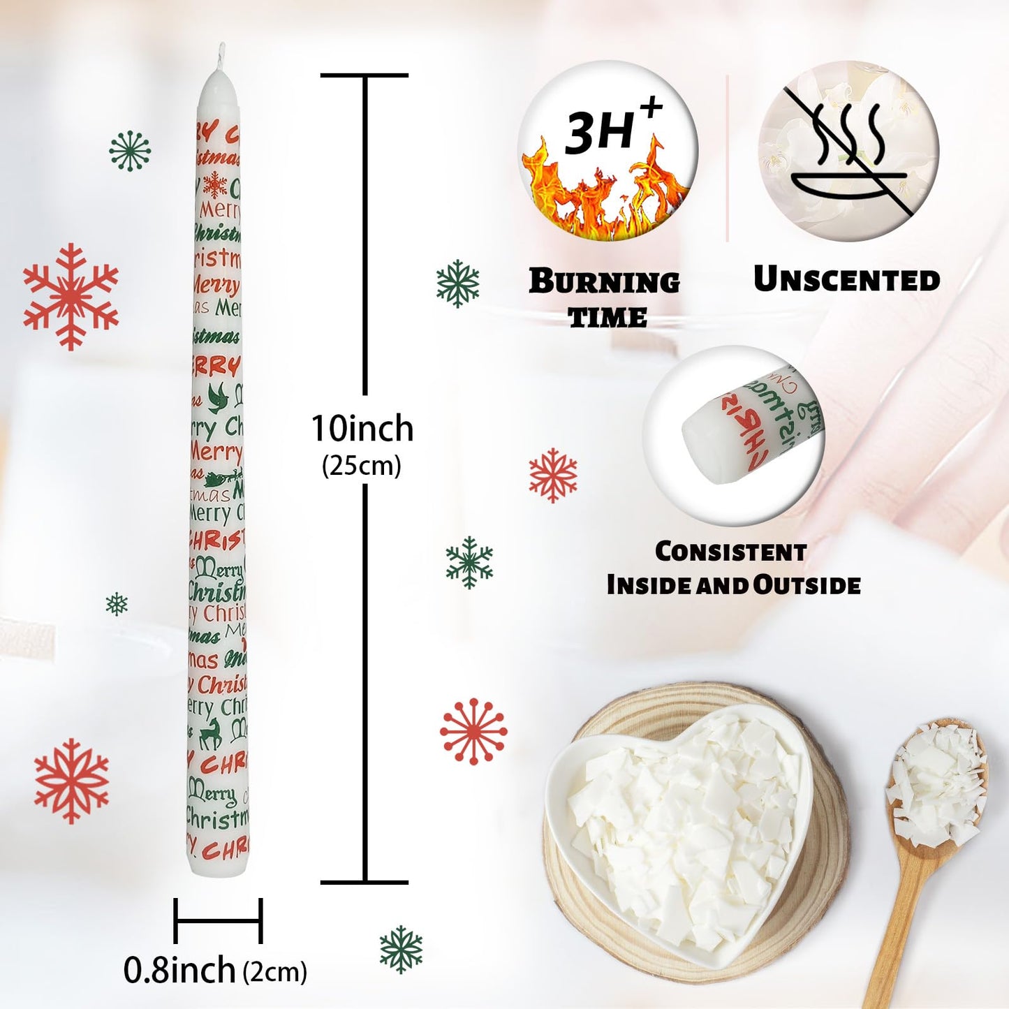 Floral Taper Candles 10 Inch Tall Unscented Handmade Merry Christmas Print Long Burning Elegant Candlesticks for Christmas Decor Gifts