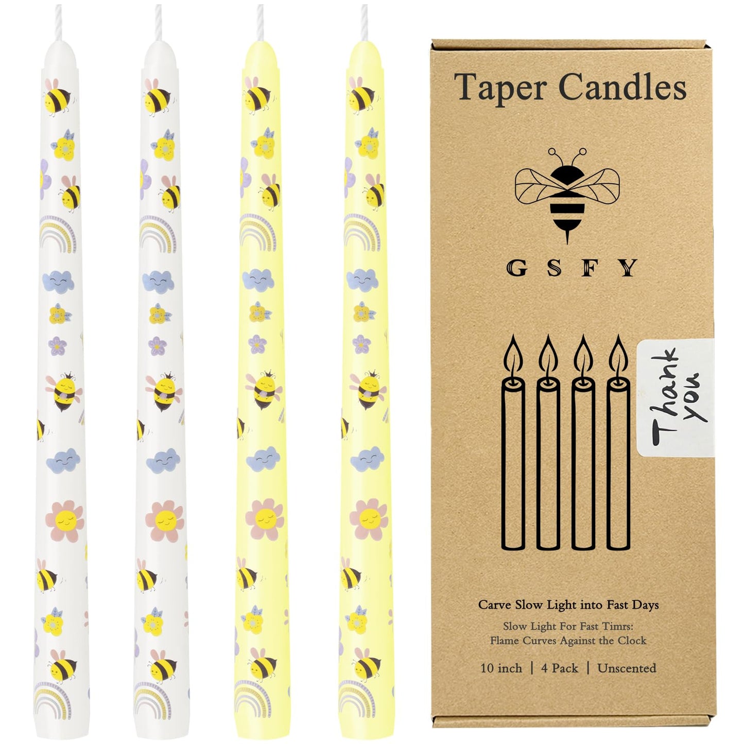 10 Inch Taper Candles with Honeybee Design – Smokeless Dripless Yellow Dinner Candles for Table, Party, Farmhouse Decor (4-Pack Assorted Yellow A)