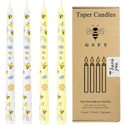10 Inch Taper Candles with Honeybee Design – Smokeless Dripless Yellow Dinner Candles for Table, Party, Farmhouse Decor (4-Pack Assorted Yellow A)