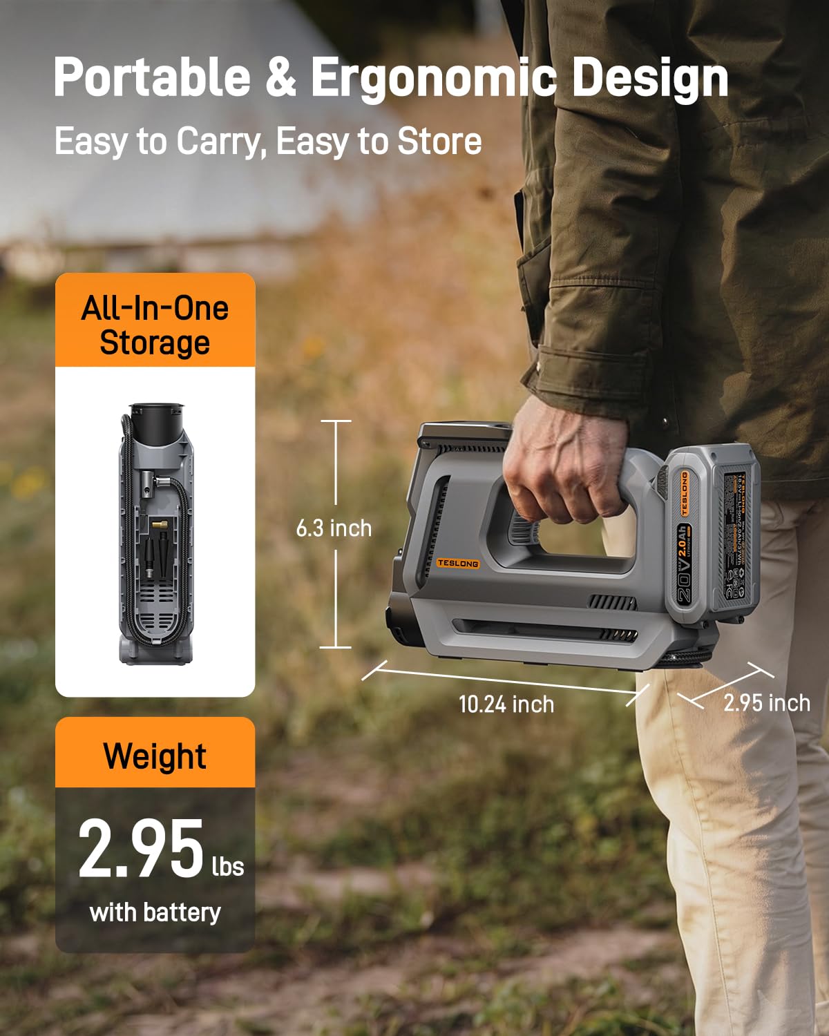 Tesong Dual Cylinder Portable Tire Inflator Air Compressor, 150 PSI 120 W Car Tire Pump with 20V Removable Battery, LED Light & Pressure Gauge for Cars, Motorcycles, Bikes and Sports Balls