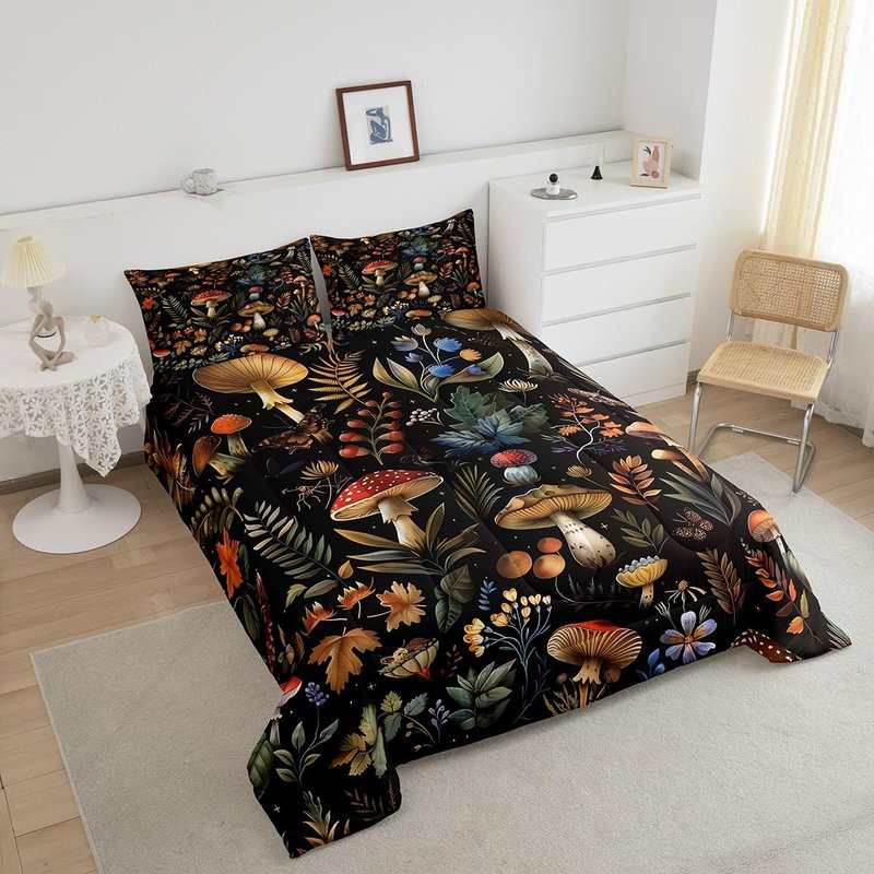 Feelyou Wild Mushroom Bed Comforters Set Twin Size,Burgundy Plant Fallen Leaves Super Soft Microfiber Bedding Set for Girls Boys,Botanical Plant Decorative Comforter Set,1 Pillowcase
