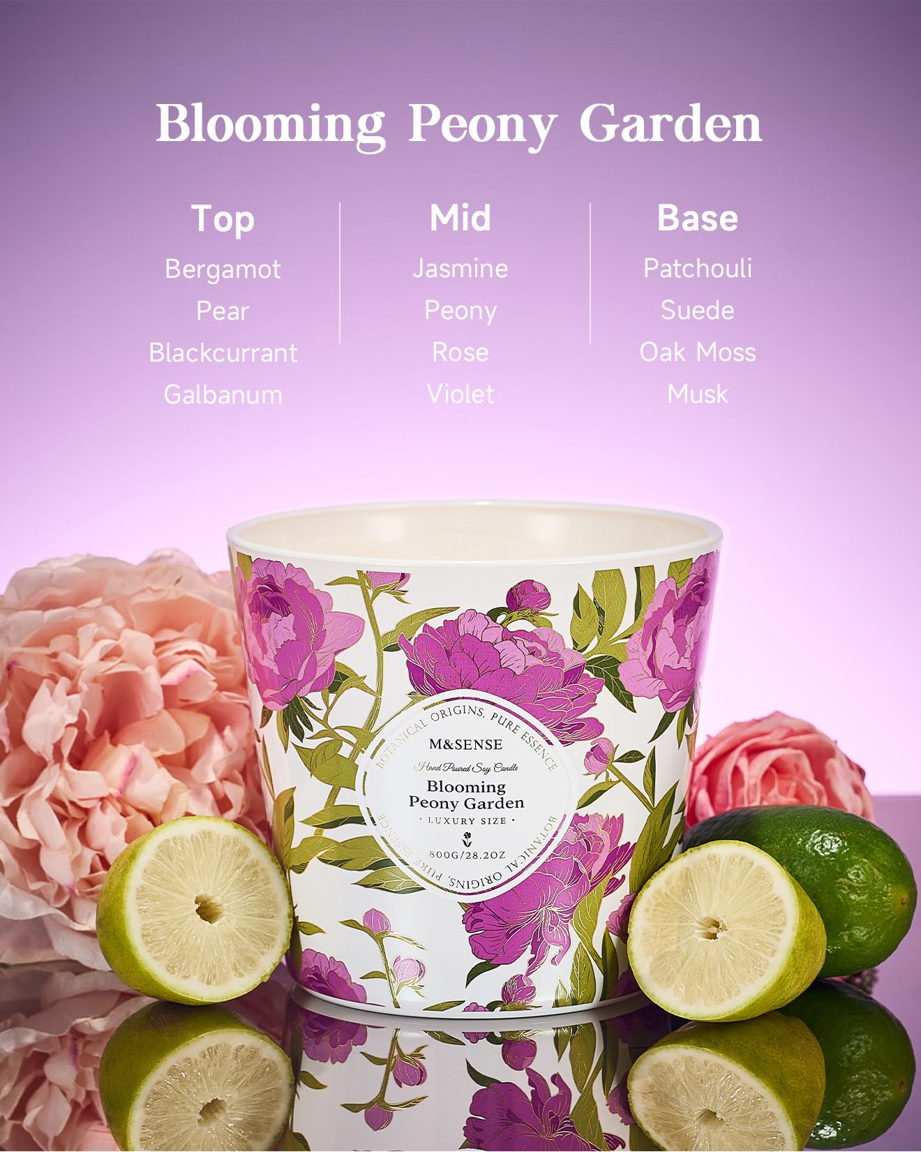 M&SENSE Blooming Peony Scented Candle, 28.2oz 3 Wick Natural Soy Wax Large Candles, Long Lasting Clean Slow Burning No Toxic Décor for Home Relaxation, Romantic Dates & Gift-Giving