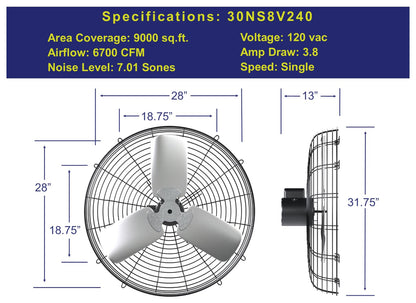 Hessaire 30NS8V240 Exhaust Fan, 30 Inch, 6700 CFM, Guard Mount, Corrosion Resistant