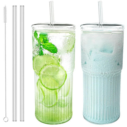 Luiaiog Glass Cups with Lids and Glass Straws, High Borosilicate 20OZ Tumblers (2Pcs) for Coffee, Tea, Juice, Smoothies, Hot/Cold Drinks at Home, Office（Creative Drink Label Design）