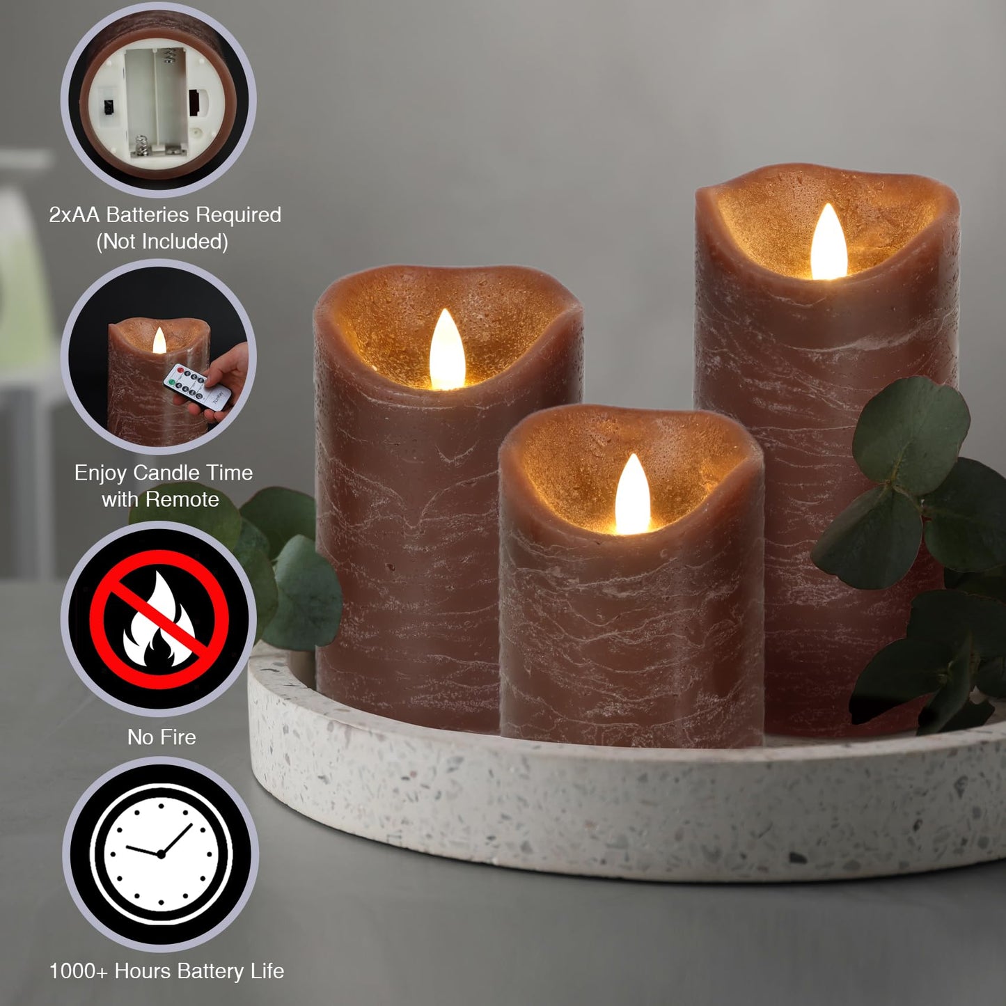 7LinRay Brown Flameless Candles with Remote, Real Wax Battery Operated LED Candles, Flickering Flameless Pillar Candles for Wedding, Festival, Set of 3