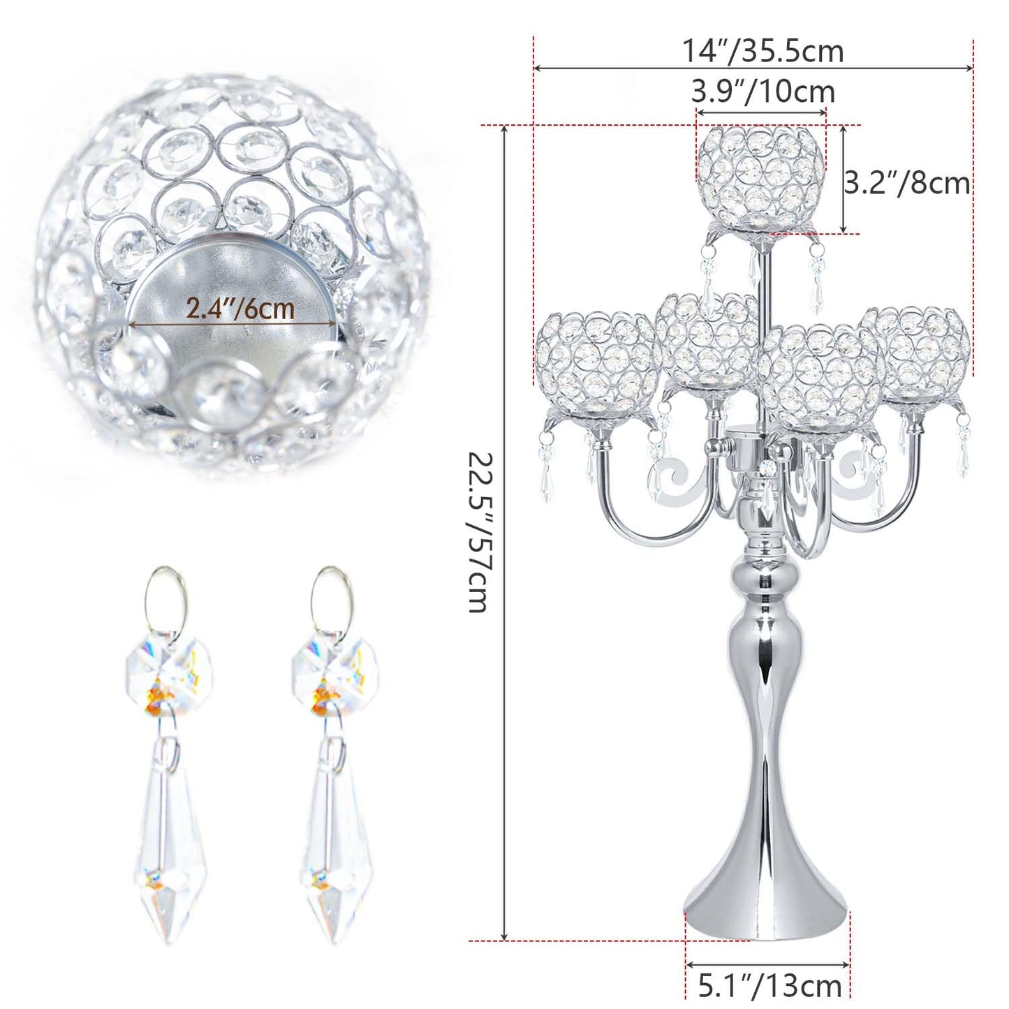 5 Arm Crystal Strap Pendant Silver Table Decor Candelabra Set of 2, 22.5 inches Elegant Dining Room Centerpieces for Holiday Parties Weddings