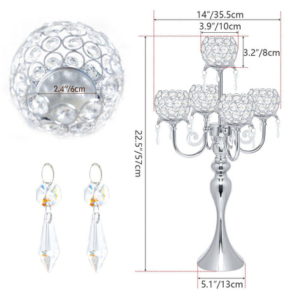 5 Arm Crystal Strap Pendant Silver Table Decor Candelabra Set of 2, 22.5 inches Elegant Dining Room Centerpieces for Holiday Parties Weddings