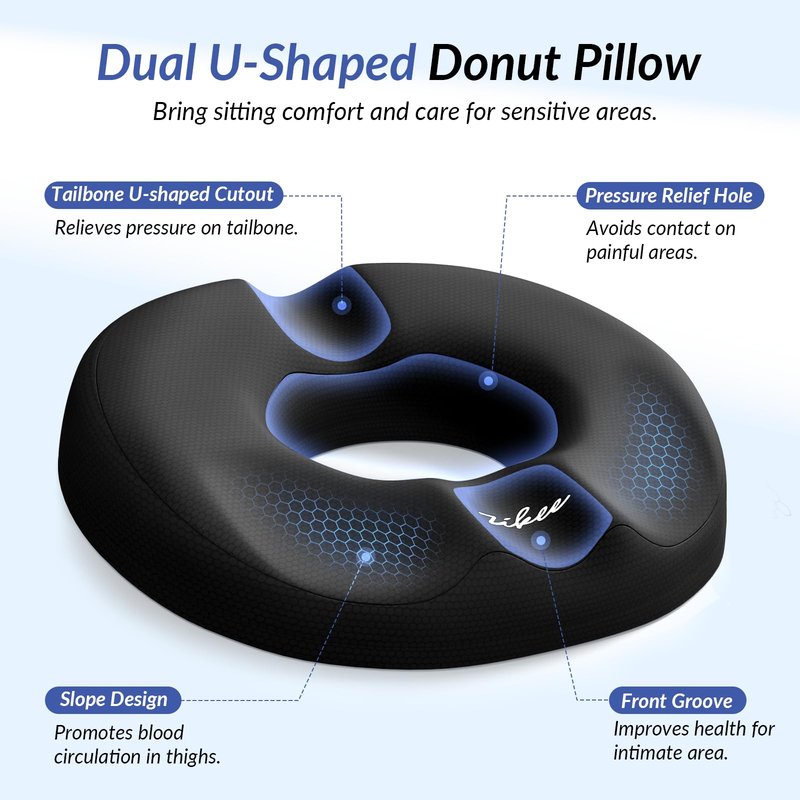 ZIKEE Donut Pillow Seat Cushion for Tailbone Pain, Hemorrhoid Pillow with Pressure Relief Hole & Thigh Slope Design for Postpartum & Post Surgery Sitting Relief, Donut Seat Cushion for Office & Home