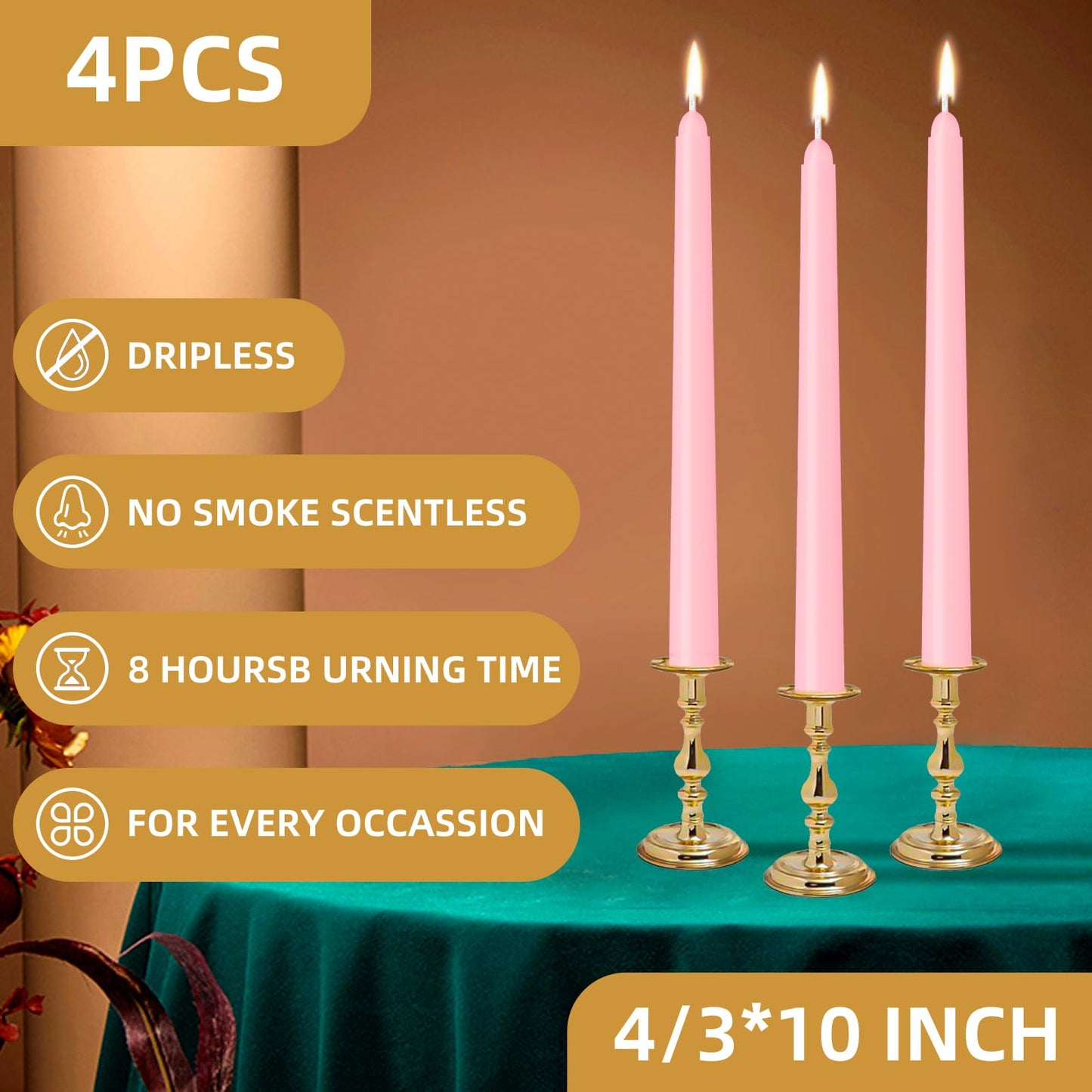 LYOBATH 4 Pack Pink Taper Candles - Taper Candles 10 Inch Dripless, Smokeless & Unscented - 8 Hours Long Burning - Ideal for Weddings, Dinner Parties, and Home Decor