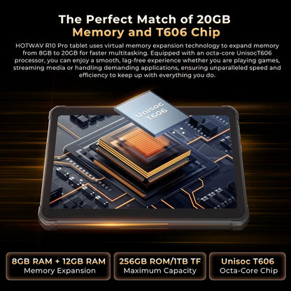 HOTWAV R10 Pro Rugged Tablet Android 14-10.1 Inch HD+ 10800mAh Waterproof Tablet, 20GB RAM+256GB ROM/1TB TF Work Tablets, 13MP+5MP Camera Octa-Core IP68&IP69K/4G-LTE/5G WiFi/Face ID/GPS/OTG
