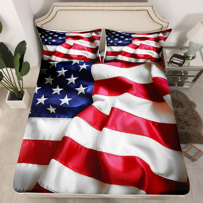 Erosebridal United States Sheet Set Teens American Flag Fitted Sheet Queen, Blue Red Bedding Set Geometric Stripes Bed Sheet with Deep Pocket, 4 Pcs with 1 Fitted Sheet, 1 Flat Sheet, 2 Pillow Cases