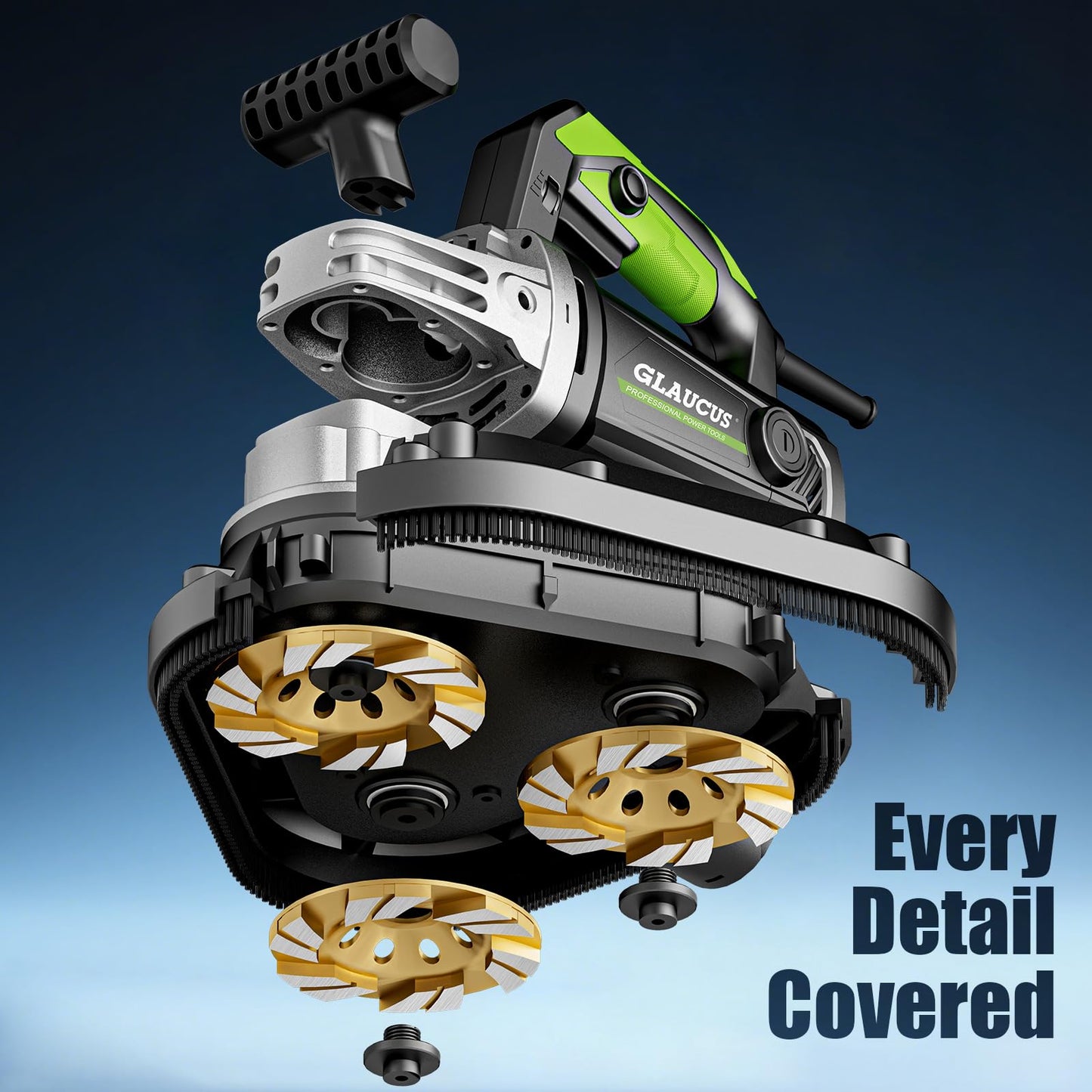 GLAUCUS 4" 3-Head Concrete Grinder, 2450W Concrete Floor Grinder with Bristle Dust Shroud & Vacuum, 6-Speed Diamond Grinding Machine for Concrete, Marble, Granite, Cement Floor Wall Polishing