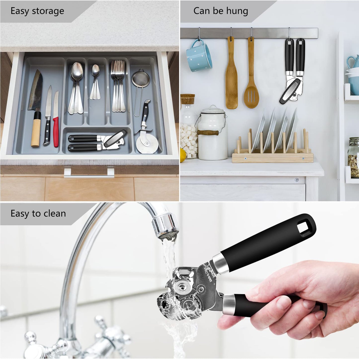 Can Opener,Professional 3-In-1 Multifunctional Manual Can Openers Bottle Opener,Kitchen Durable Stainless Steel Heavy Duty Can Opener Smooth Edge for Kitchen Seniors Friendly (Black)