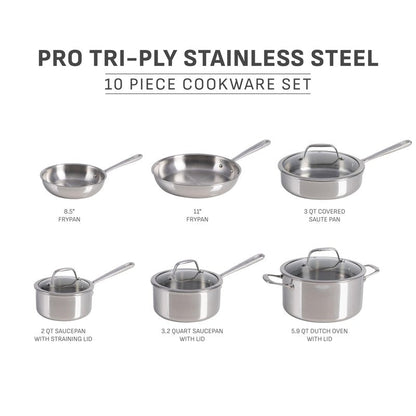 T-fal Pro Tri-Ply Stainless Steel Cookware Set, 10 Piece-Induction Compatible, Oven Safe 500F, Lids-350F, Even Heat, Professional Quality, Durable, Induction Pots and Pans Set, Silver